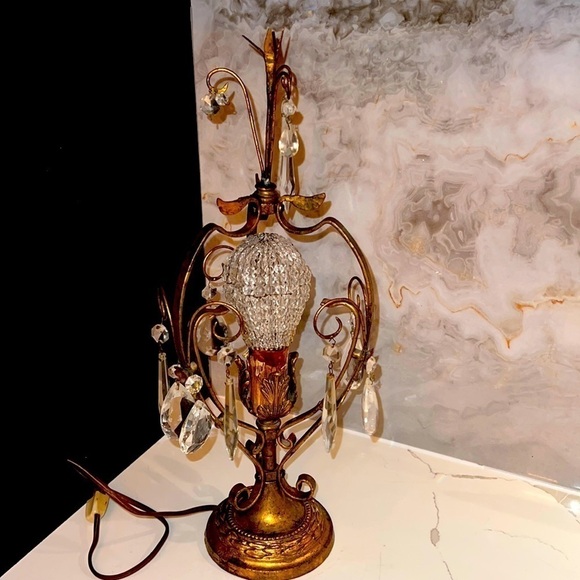 Vintage Hollywood Regency 18” Table Lamp Glass Prism Tole Metal - Gold Gilt - Picture 1 of 15